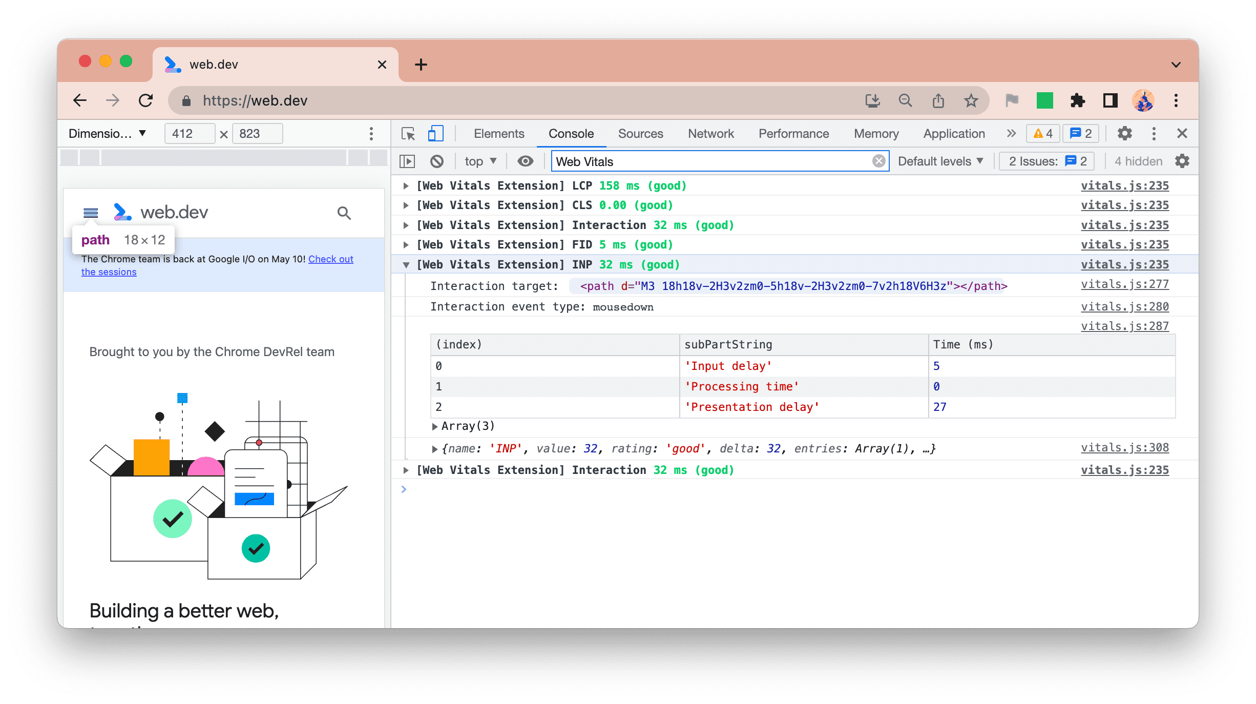 INP ターゲット、イベントタイプ、内訳を示す、Web Vitals Extension の新しいコンソール ロギング