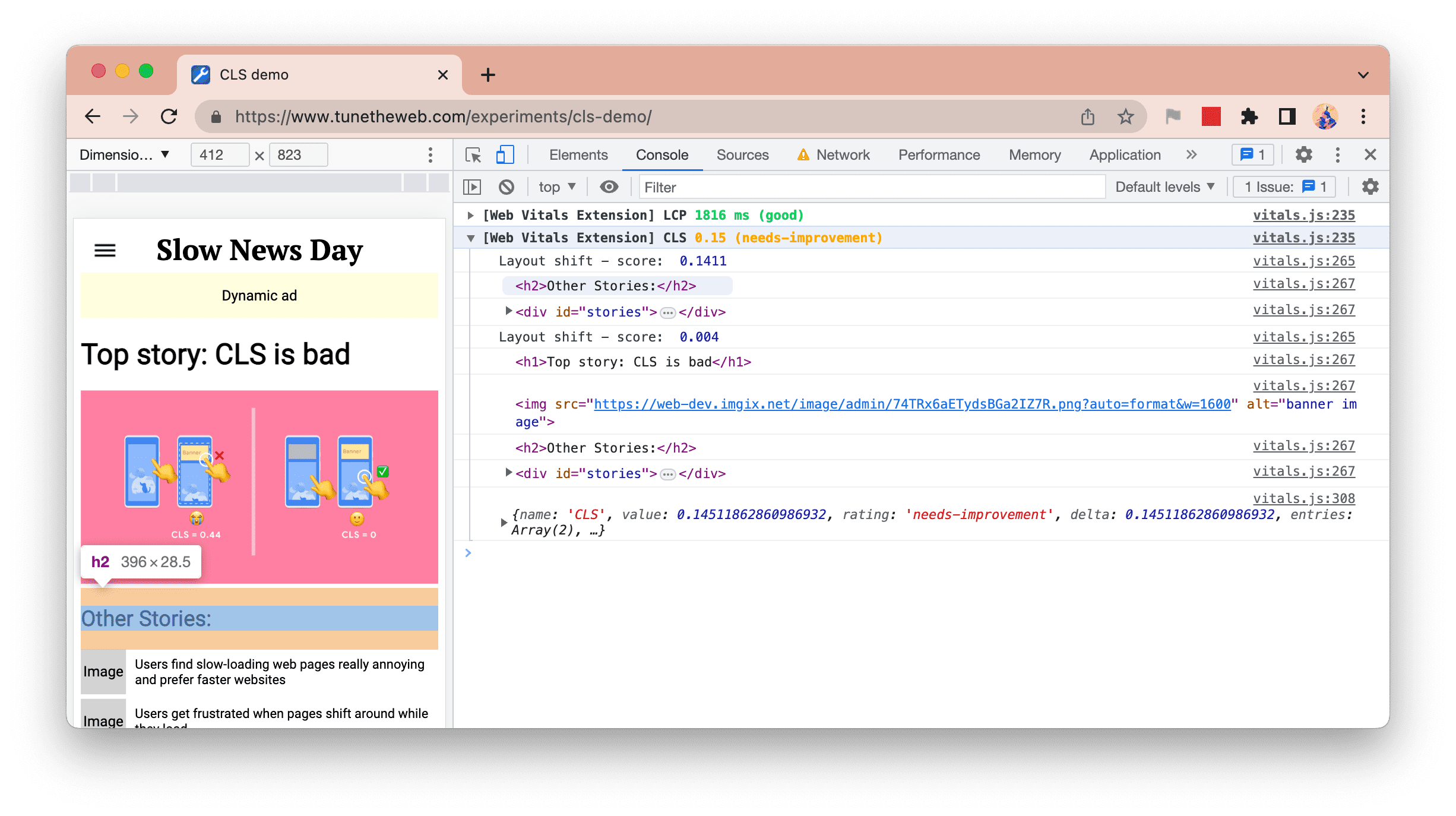 การบันทึกคอนโซลใหม่ของส่วนขยาย Web Vitals ที่แสดงการเปลี่ยนแปลงองค์ประกอบ CLS แต่ละครั้ง