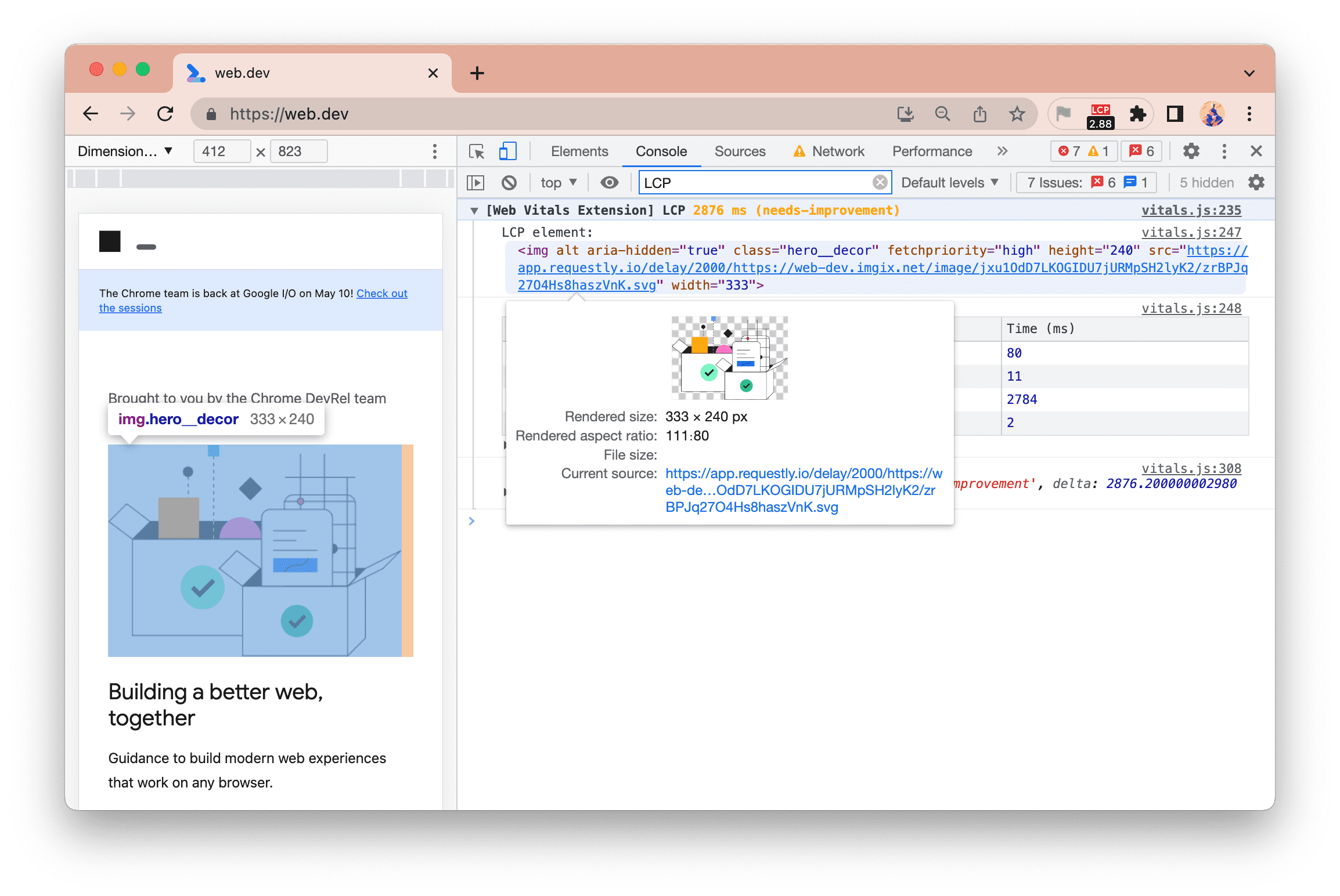 ביומן המסוף החדש של תוסף Web Vitals, ההדגשה של הרכיבים נשארת כשעוברים מעליהם