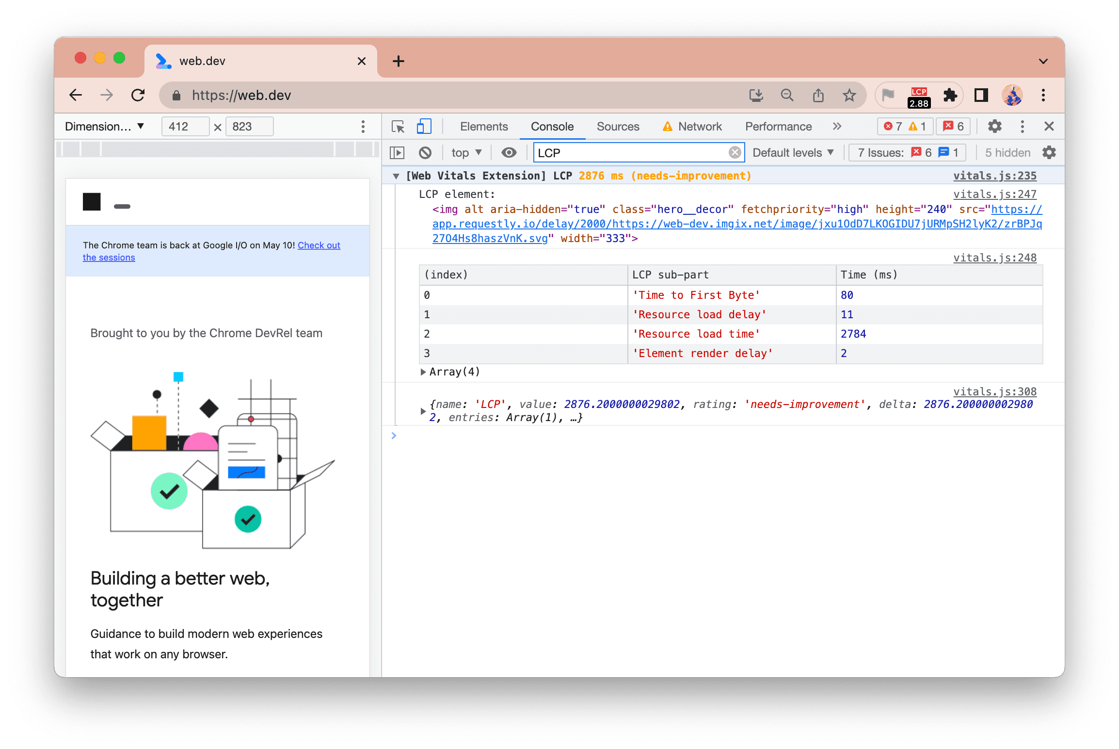 Новое ведение журнала консоли Web Vitals Extension, показывающее элементы и подразделы LCP