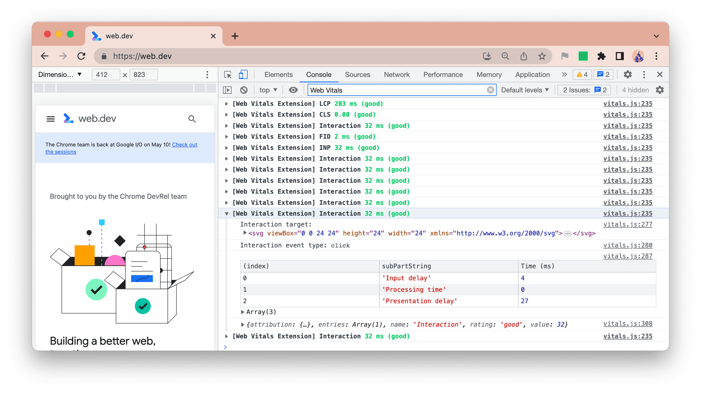 Novo registro de console da extensão do Web Vitals mostrando todas as interações