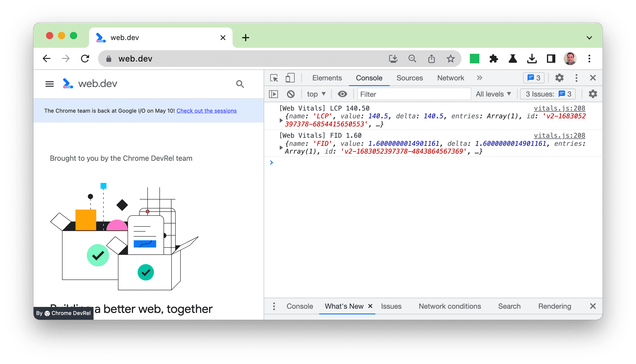 การบันทึกคอนโซลเก่าของส่วนขยาย Web Vitals