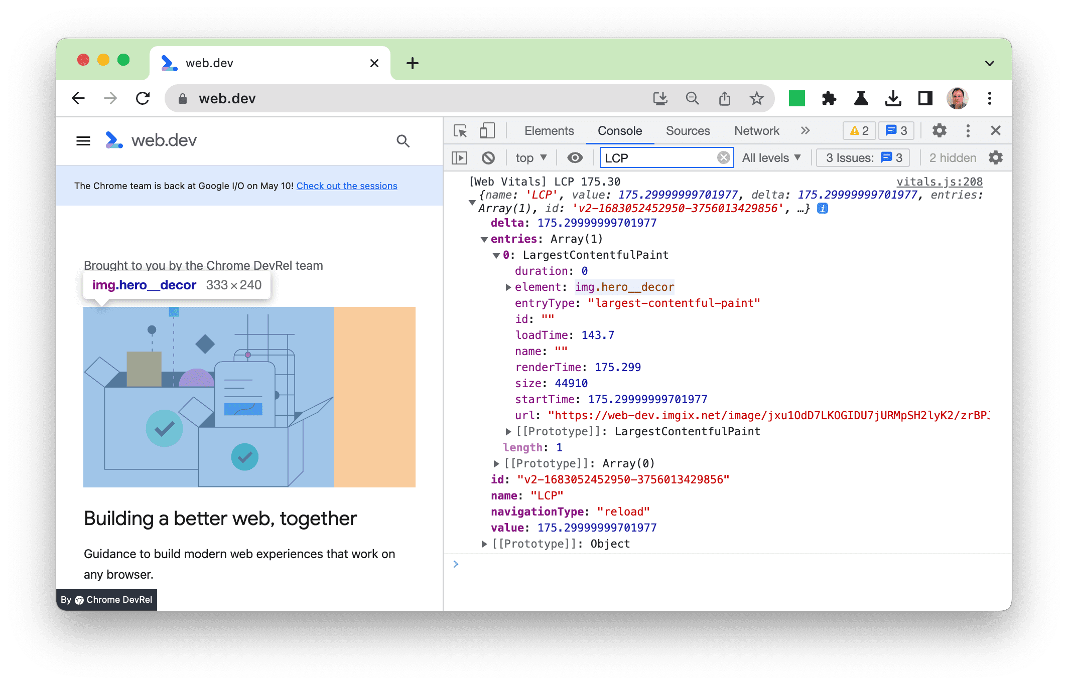 Registro antigo do console da extensão &quot;Web Vitals&quot; com destaque de elementos