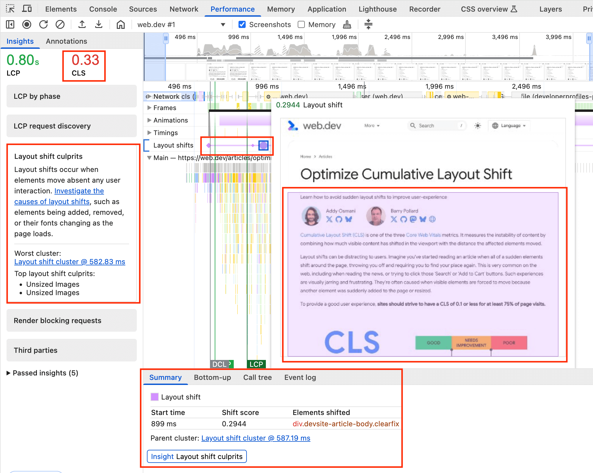 Layout Shift records being displayed in the Chrome DevTools performance panel.