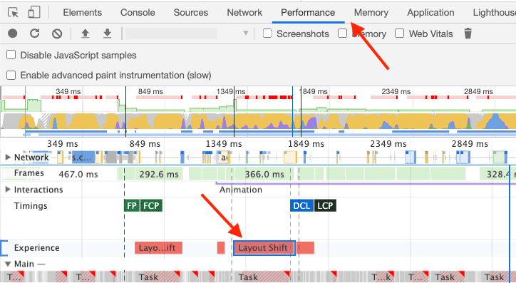 DevTools नेटवर्क पैनल में लेआउट शिफ़्ट का स्क्रीनशॉट