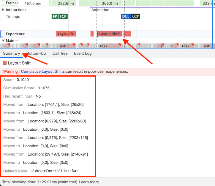 Screenshot della scheda &quot;Riepilogo&quot; di DevTools per una variazione del layout