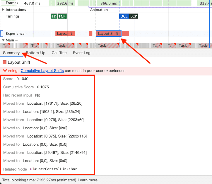 Screenshot tab &#39;Summary&#39; DevTools untuk pergeseran tata letak