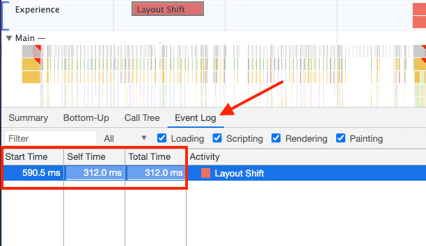 लेआउट शिफ़्ट के लिए, DevTools के &#39;इवेंट लॉग&#39; टैब का स्क्रीनशॉट