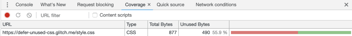 सीएसएस फ़ाइल का कवरेज, जो 55.9% इस्तेमाल नहीं की गई बाइट दिखाता है.