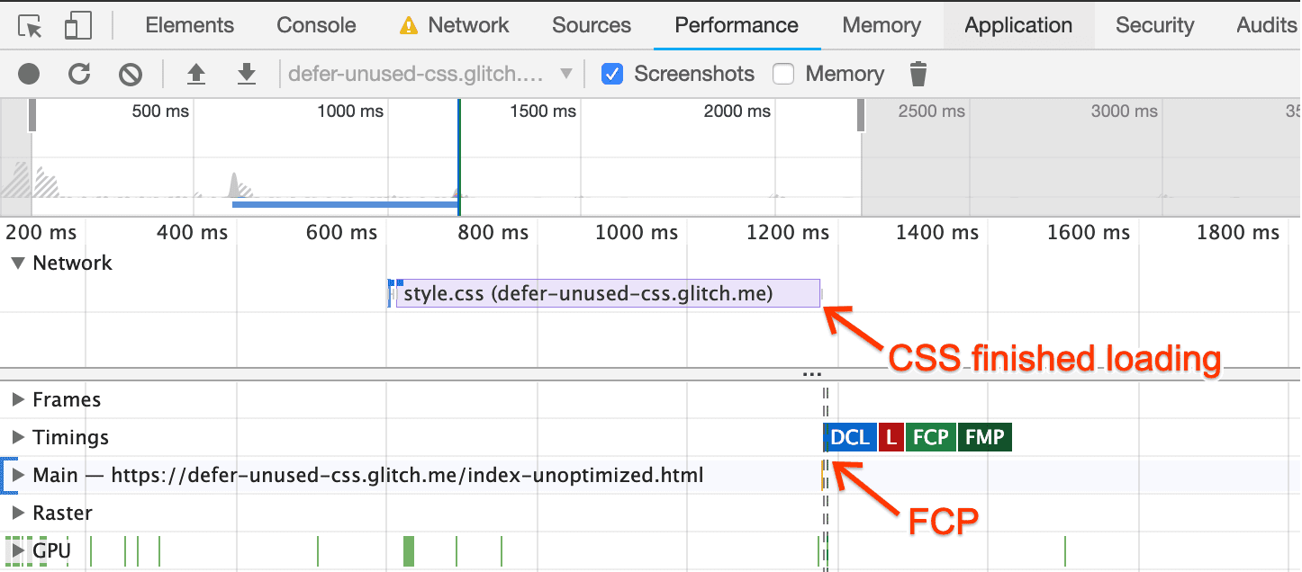 ऑप्टिमाइज़ नहीं किए गए पेज के लिए DevTools परफ़ॉर्मेंस ट्रेस, जो सीएसएस लोड होने के बाद शुरू होने वाला एफ़सीपी दिखा रहा है.