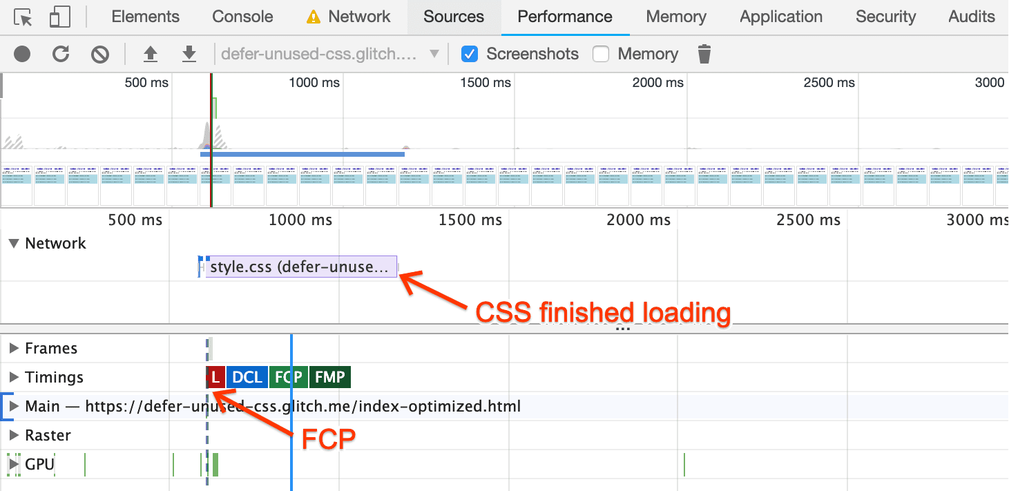 Трассировка производительности DevTools для оптимизированной страницы, показывающая запуск FCP до загрузки CSS.