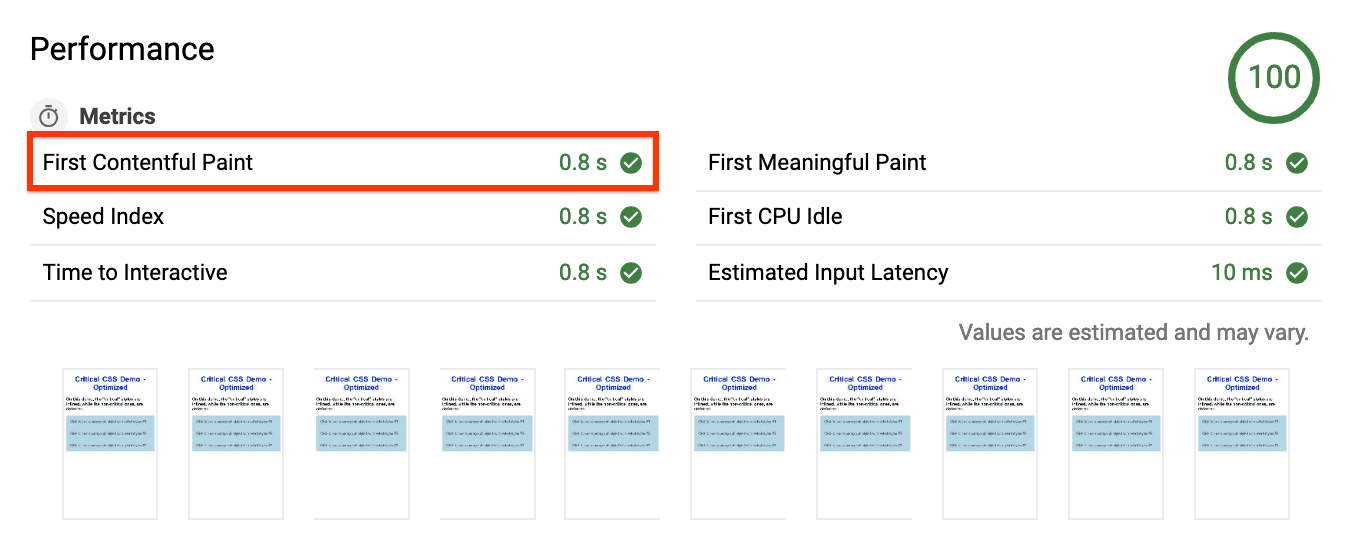 Informe de Lighthouse que muestra un valor de FCP de “0.8s”.