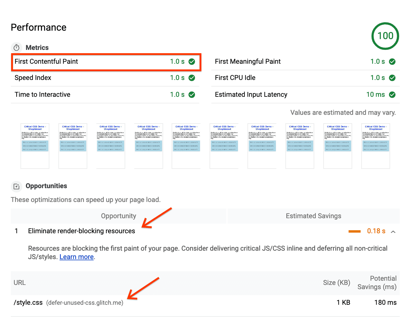 Rapport Lighthouse pour une page non optimisée, affichant un FCP de 1 s et &quot;Éliminer les ressources bloquantes&quot; sous &quot;Opportunités&quot;