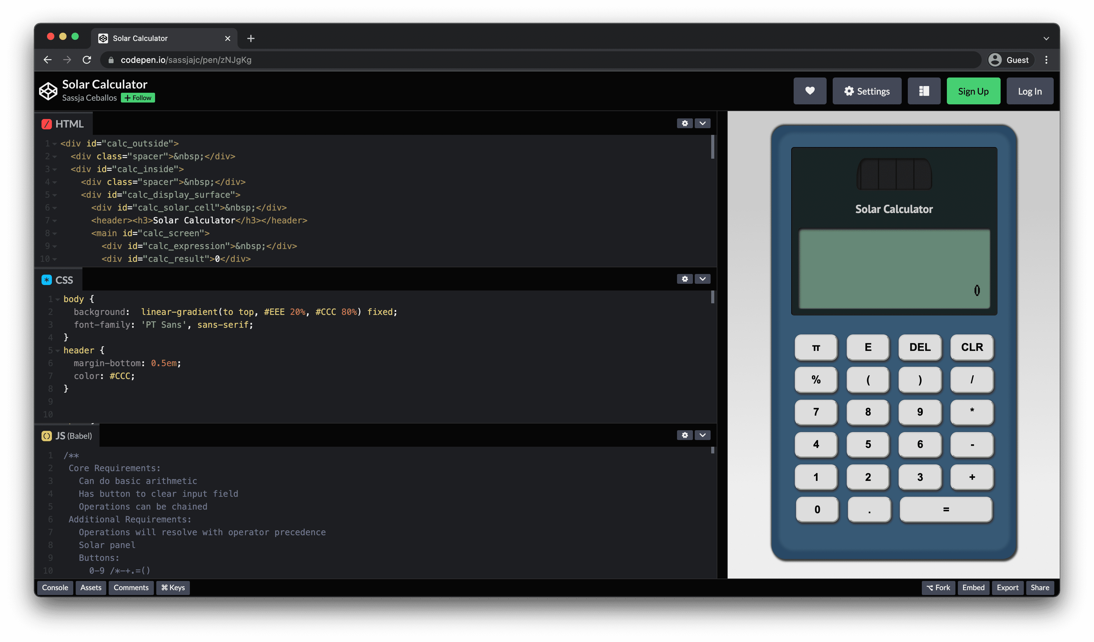 Vista de CodePen con paneles HTML, CSS y JS apilados a la izquierda y la vista previa de la calculadora a la derecha.