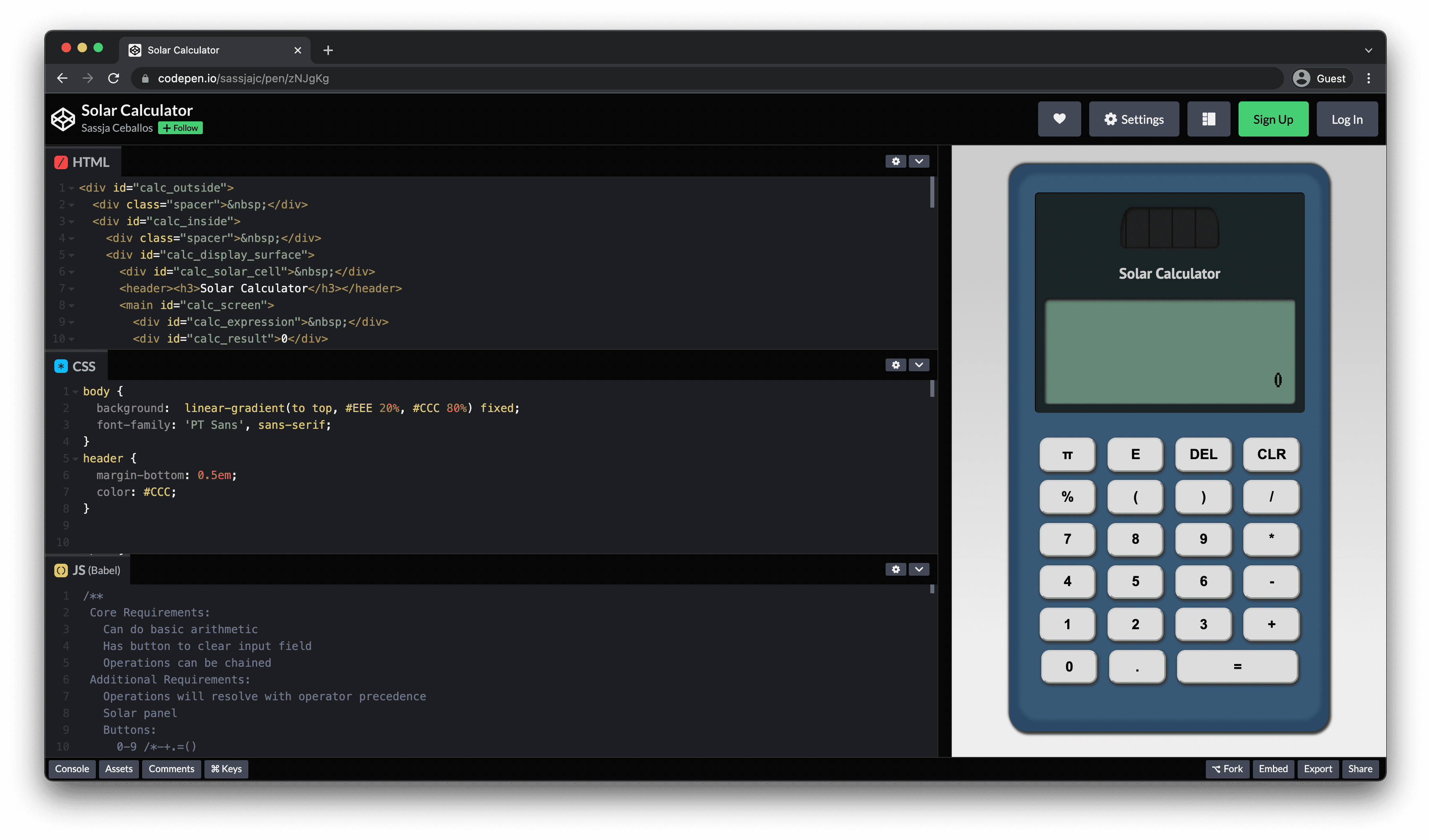 Vue CodePen avec panneaux HTML, CSS et JS empilés à gauche, et aperçu de la calculatrice à droite
