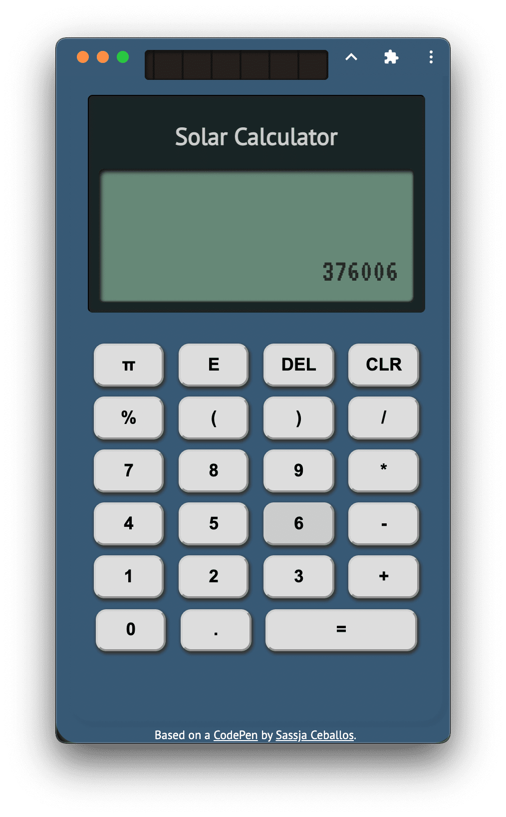 Calculadora de Designcember ejecutándose en modo independiente con la función de superposición de controles de ventana activa. La pantalla deletrea &quot;Google&quot; en el alfabeto de la calculadora.