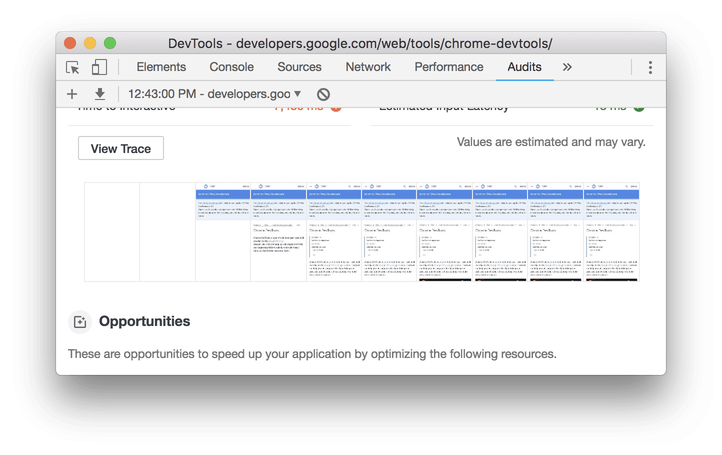 Visualizzazione pellicola DevTools di una pagina in fase di caricamento.