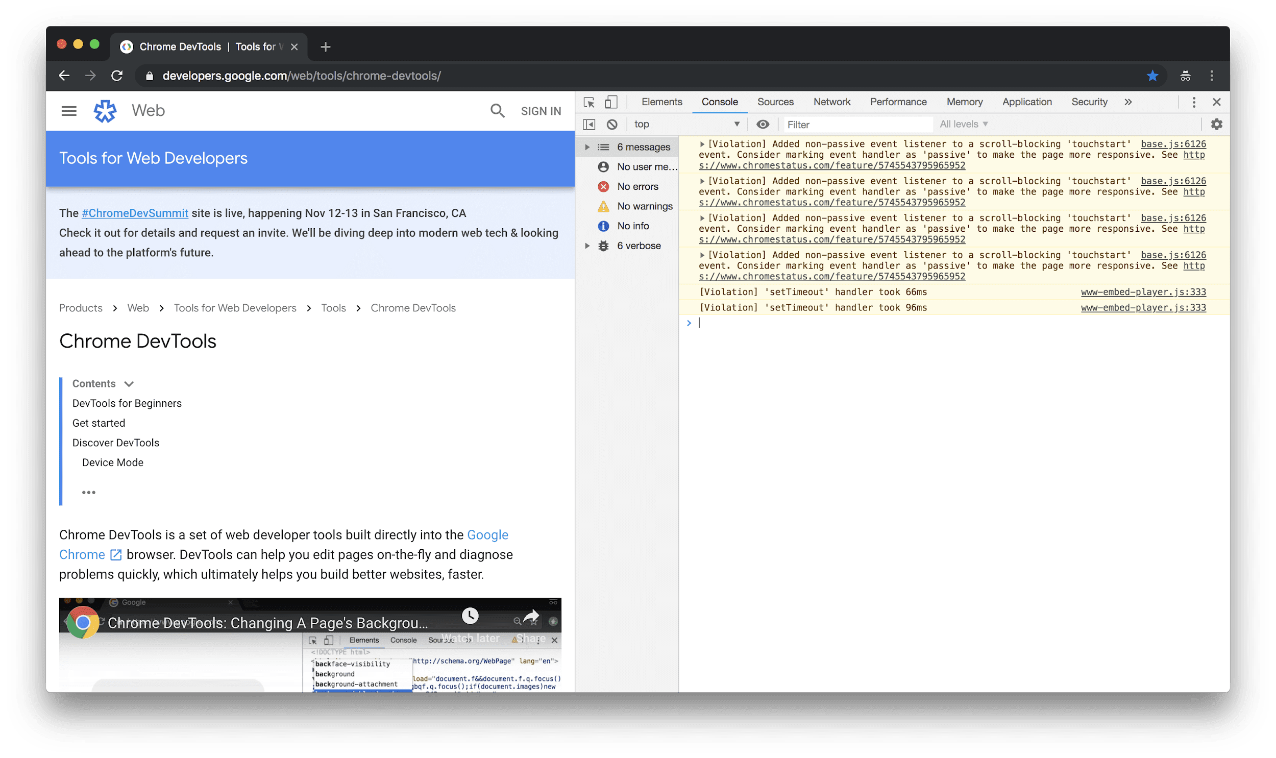 DevTools aberto e encaixado no lado direito da tela.