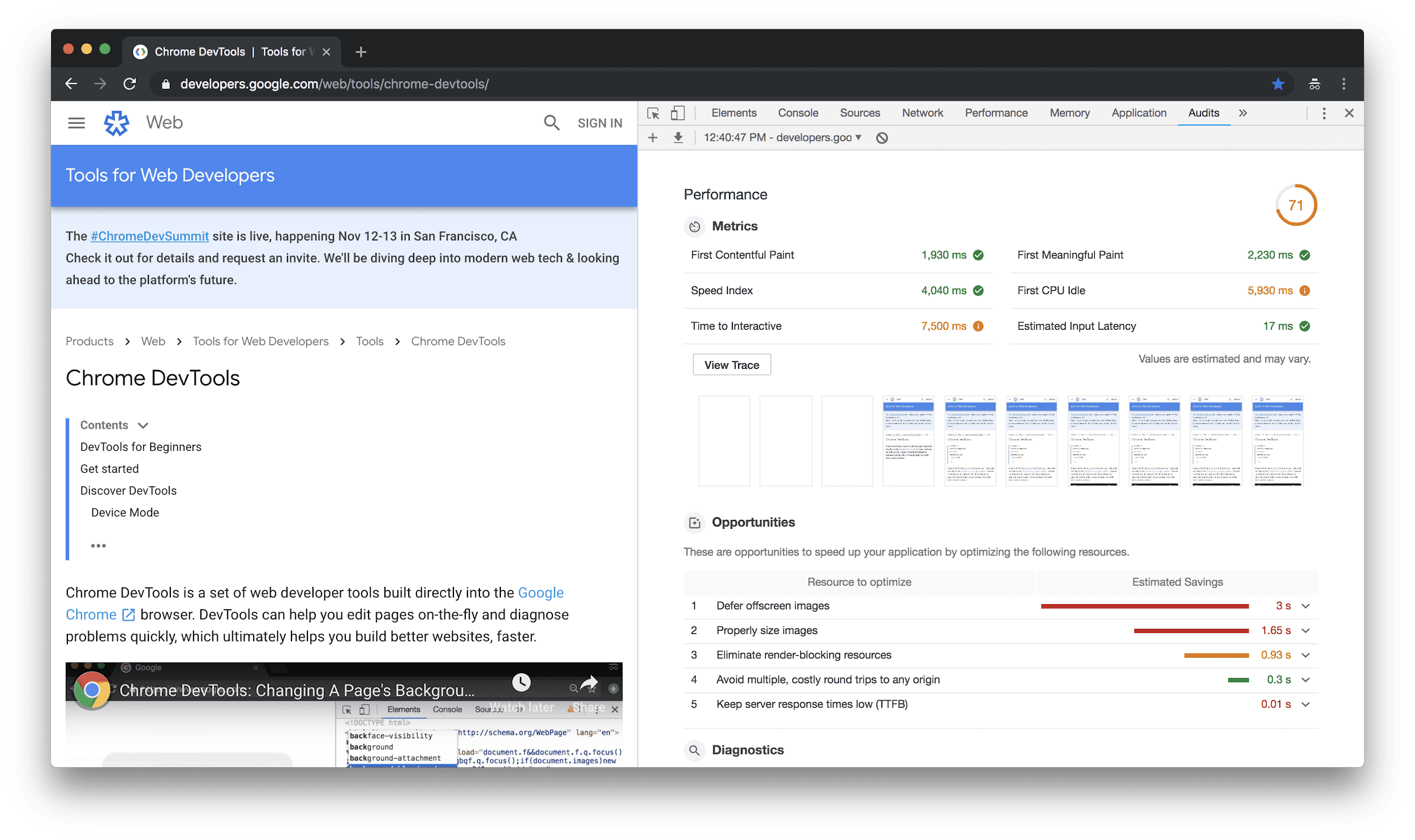 Herramientas para desarrolladores que muestran un informe de resultados de auditoría de Lighthouse.