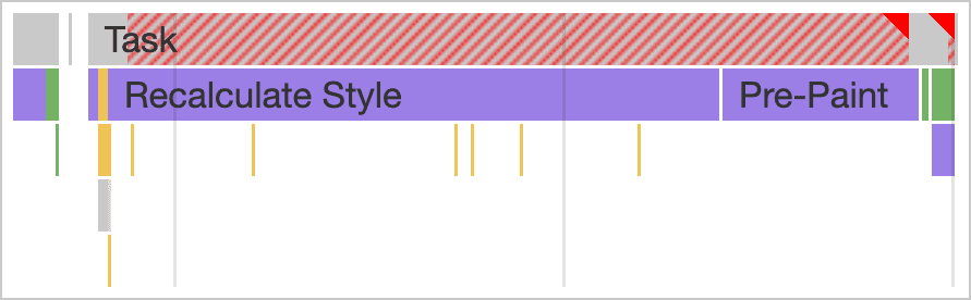 Chrome DevTools-এর পারফরম্যান্স প্যানেলে অত্যধিক রেন্ডারিং কাজের কারণে একটি দীর্ঘ টাস্কের একটি স্ক্রিনশট৷ দীর্ঘ টাস্কের কল স্ট্যাক পৃষ্ঠা শৈলী পুনঃগণনা করার জন্য ব্যয় করা উল্লেখযোগ্য সময় দেখায়, সেইসাথে প্রি-পেইন্ট।