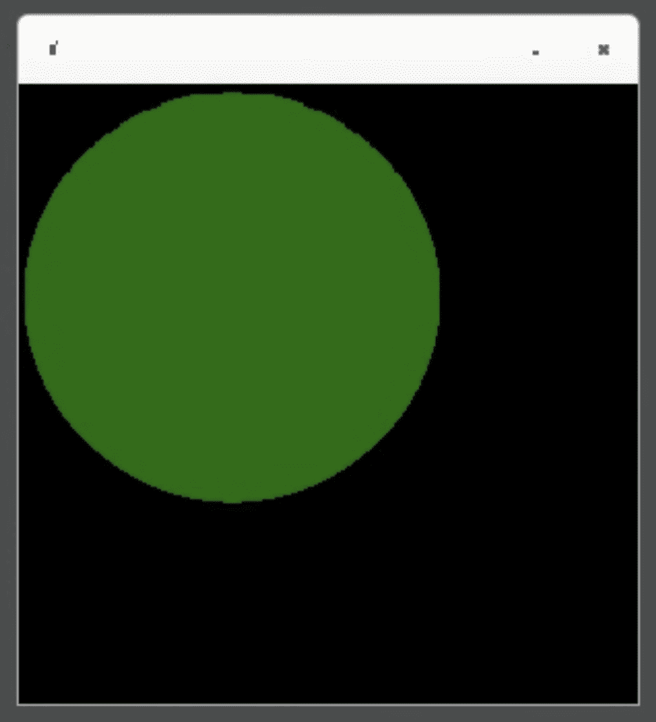 Siyah arka plan ve yeşil daire bulunan kare bir Linux penceresi.
