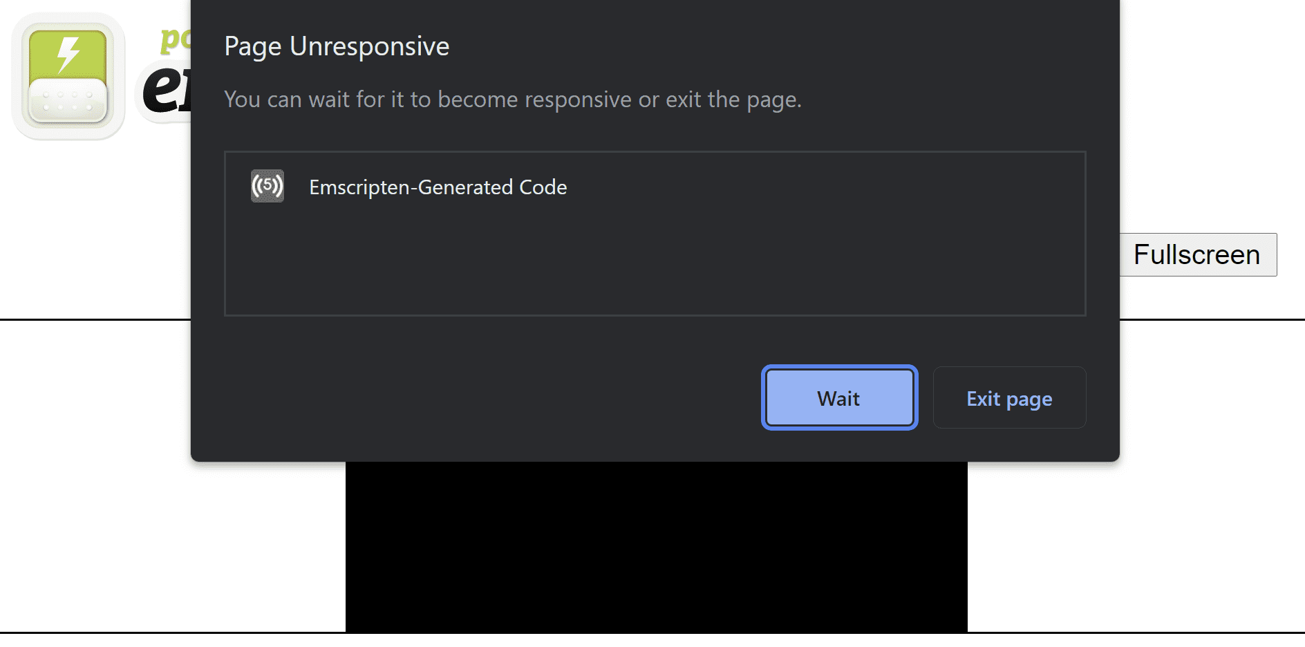 Página HTML generada por Emscripten superpuesta con un diálogo de error &quot;La página no responde&quot; que sugiere esperar a que la página responda o salir de ella