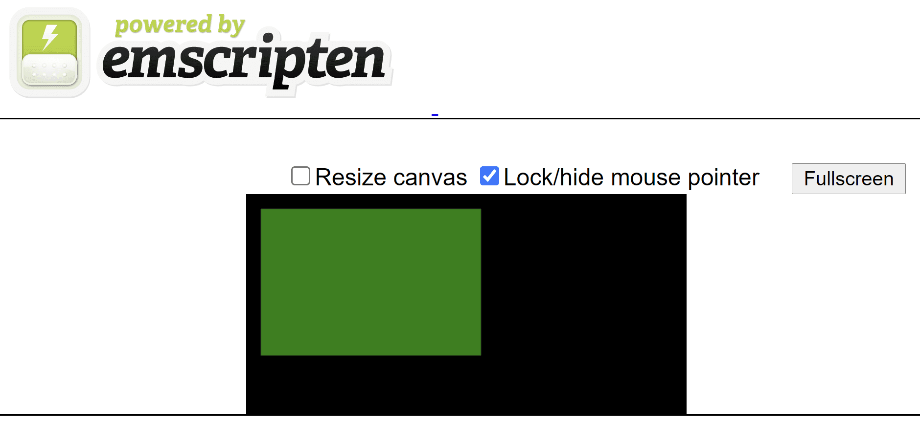 หน้า HTML ที่ Emscripten สร้างขึ้นซึ่งแสดงสี่เหลี่ยมผืนผ้าสีเขียวบนผืนผ้าใบสีดํา