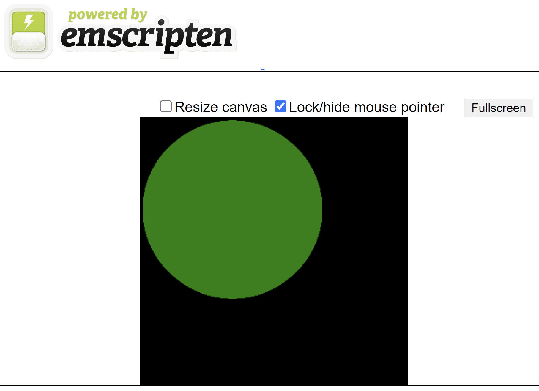 Página HTML generada por Emscripten que muestra un círculo verde en un lienzo cuadrado negro.