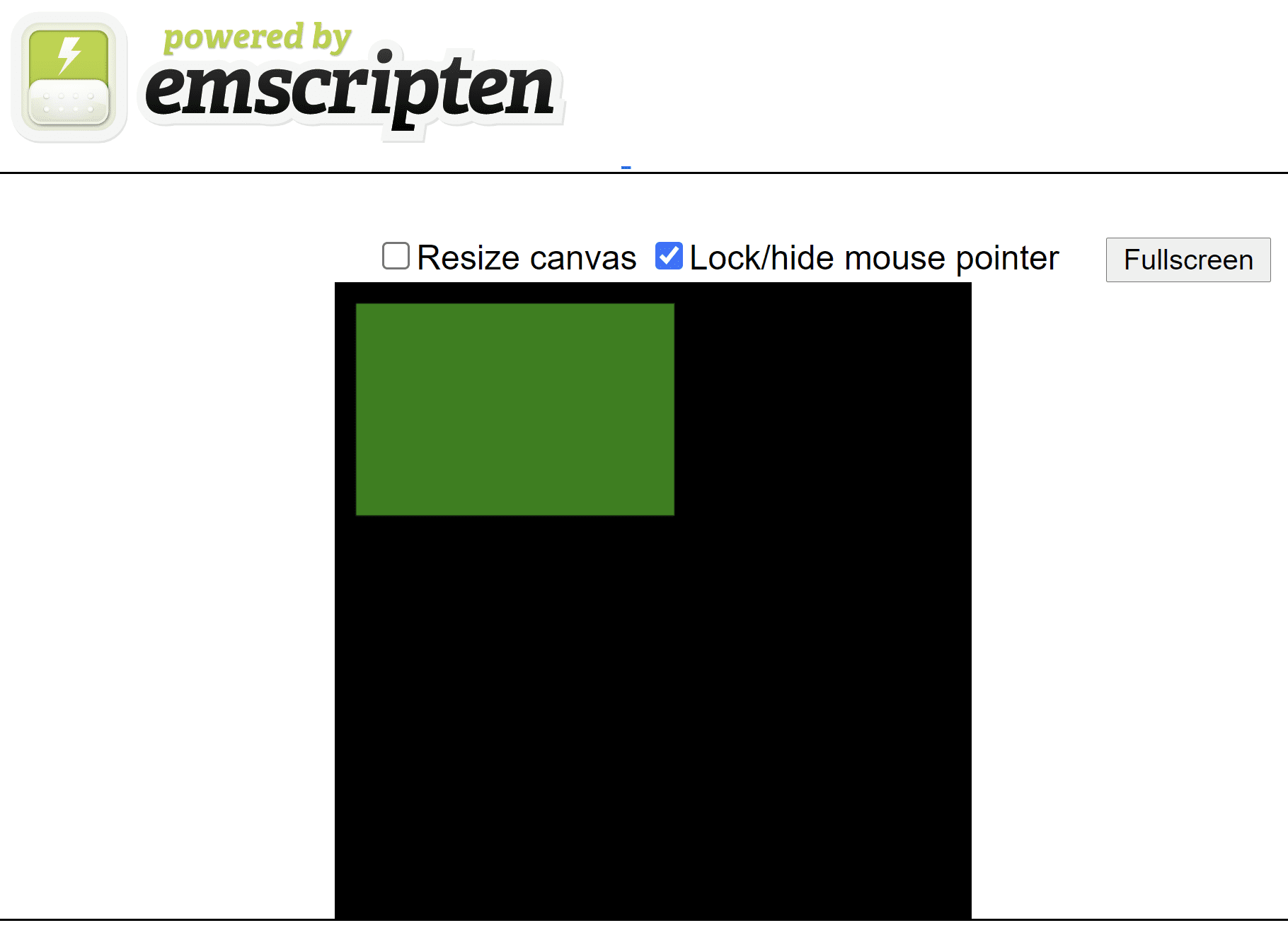 Siyah kare kanvasta yeşil bir dikdörtgen gösteren, Emscripten tarafından oluşturulan HTML sayfası.