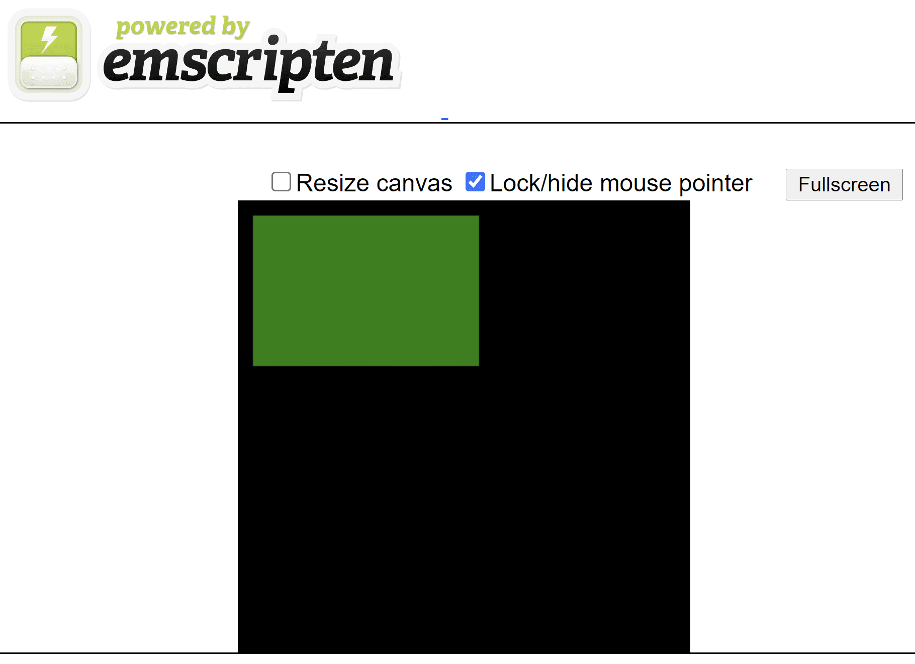 Halaman HTML yang dihasilkan dengan emskrip yang menampilkan persegi panjang hijau pada kanvas persegi hitam.