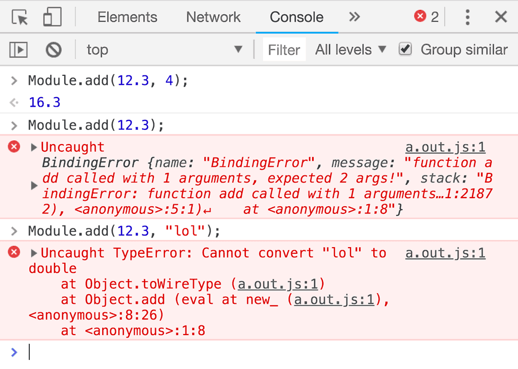 Erreurs des outils de développement lorsque vous appelez une fonction avec un nombre incorrect d&#39;arguments ou un type d&#39;argument incorrect