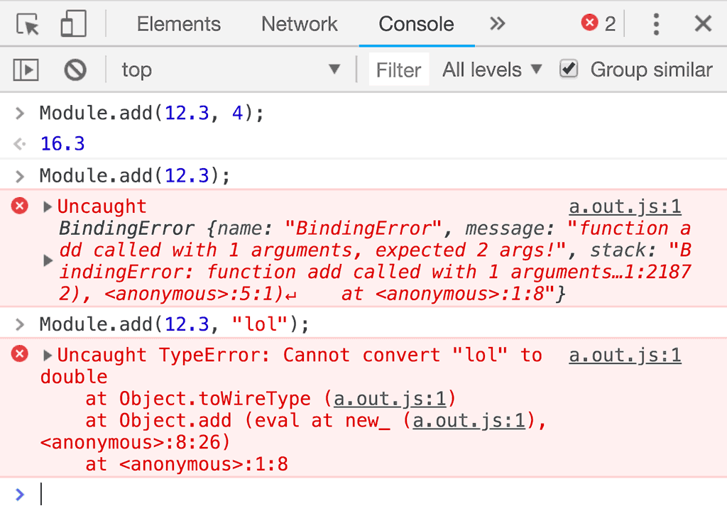 Erreurs des outils de développement lorsque vous appelez une fonction avec un nombre incorrect d&#39;arguments
ou que les arguments n&#39;ont pas
Type
