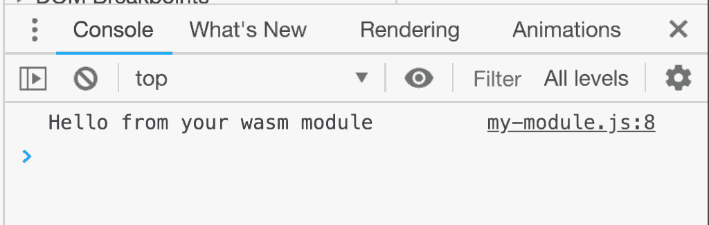 DevTools che mostra un messaggio stampato tramite C++ ed Emscripten.