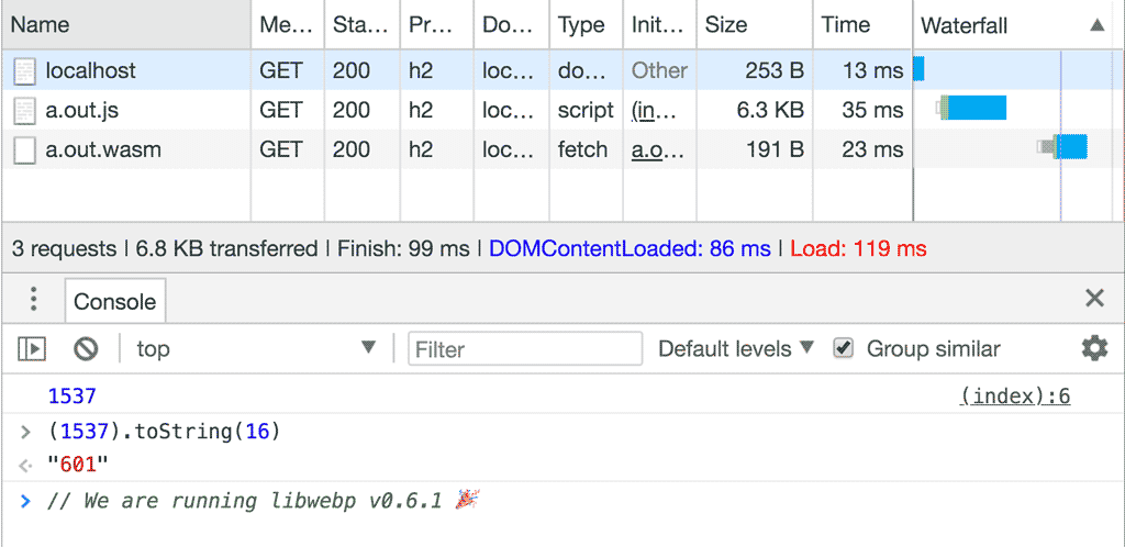 اسکرین شات کنسول DevTools که شماره نسخه صحیح را نشان می دهد.