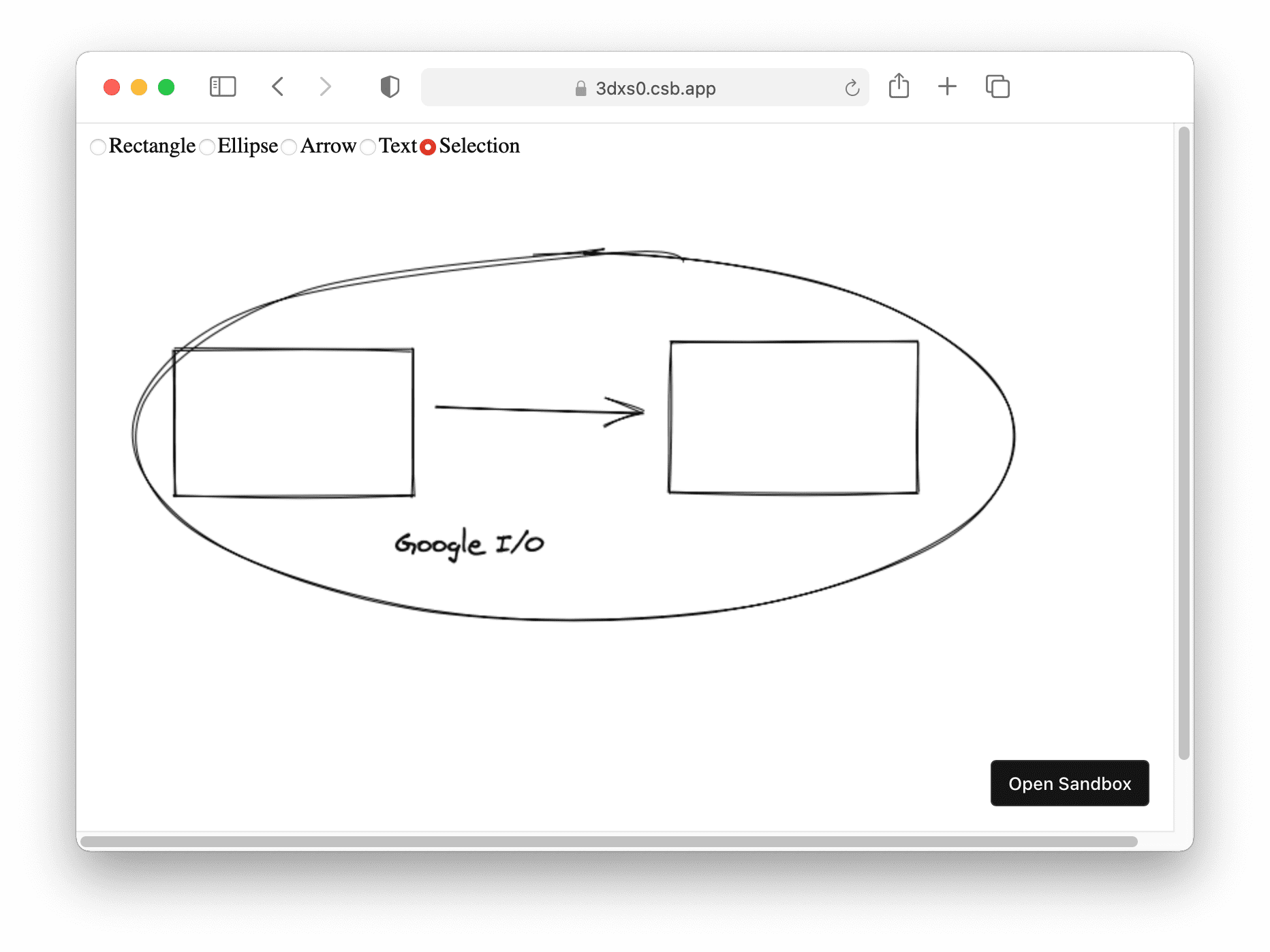 لقطة شاشة لتطبيق النموذج الأوّلي Excalidraw توضّح أنّه يتيح استخدام المستطيلات والسهام والأشكال البيضاوية والنصوص