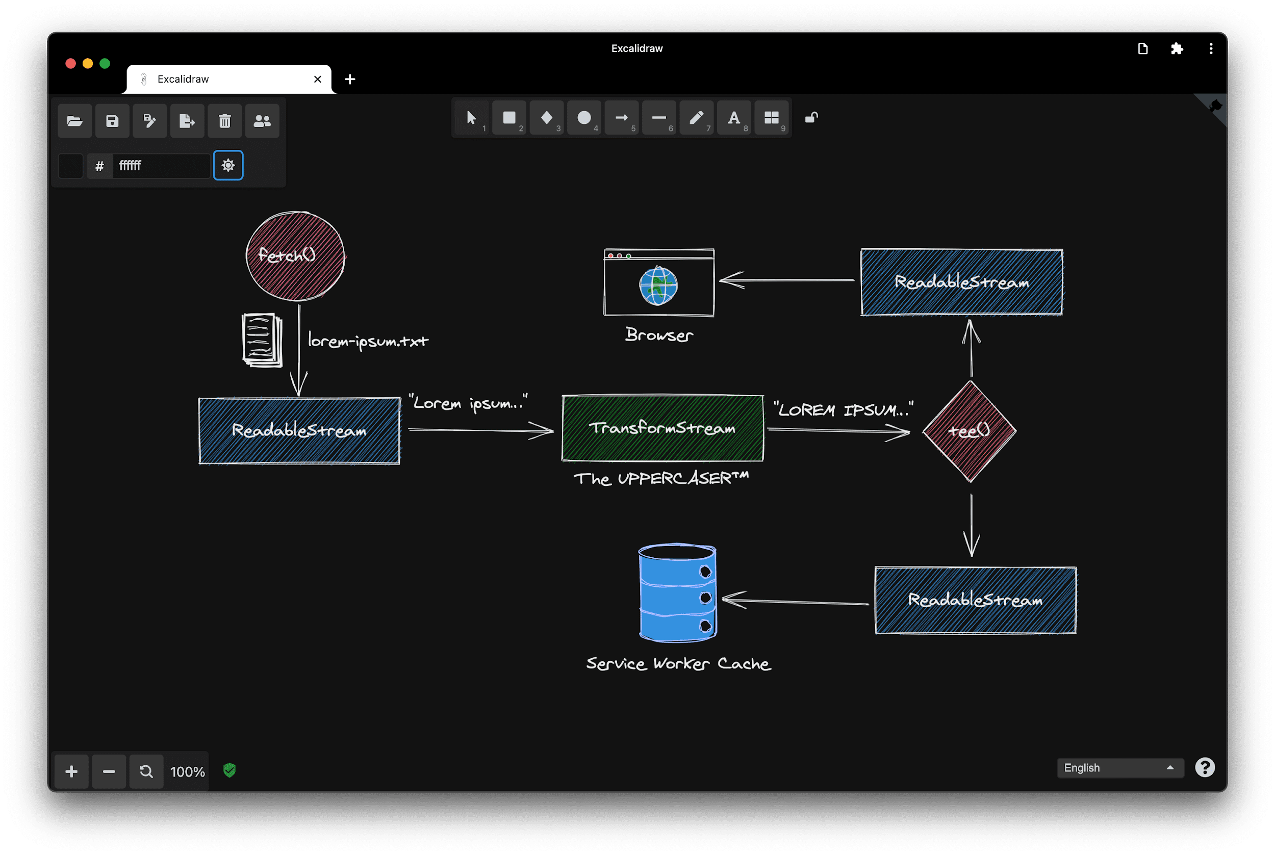 لقطة شاشة لتطبيق الويب التقدّمي Excalidraw في الحالة الحالية.