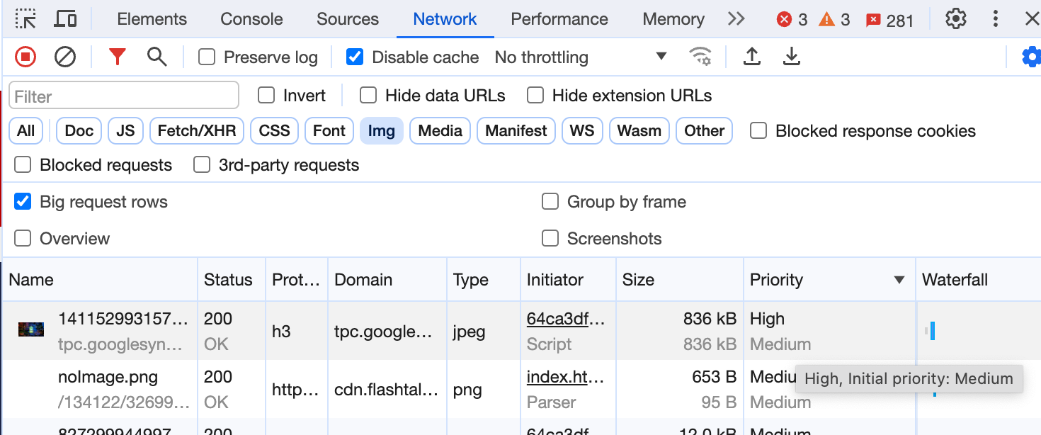 Chrome 开发者工具的“Network”标签页。系统会勾选“Big request rows”（大请求行）设置，“Priority”（优先级）列会显示第一张优先级为“高”的图片，其下方会显示优先级为“高”的其他图片。提示中也会显示相同的内容。