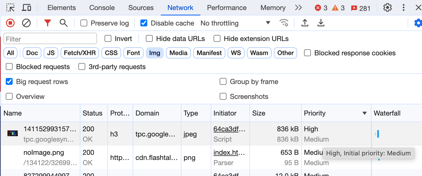 Chrome 開發人員工具的「網路」分頁。「大要求資料列」設定已勾選，且「優先順序」欄顯示第一張圖片的優先順序為「高」，而下方則顯示不同的初始優先順序「中」。工具提示也會顯示相同的內容。