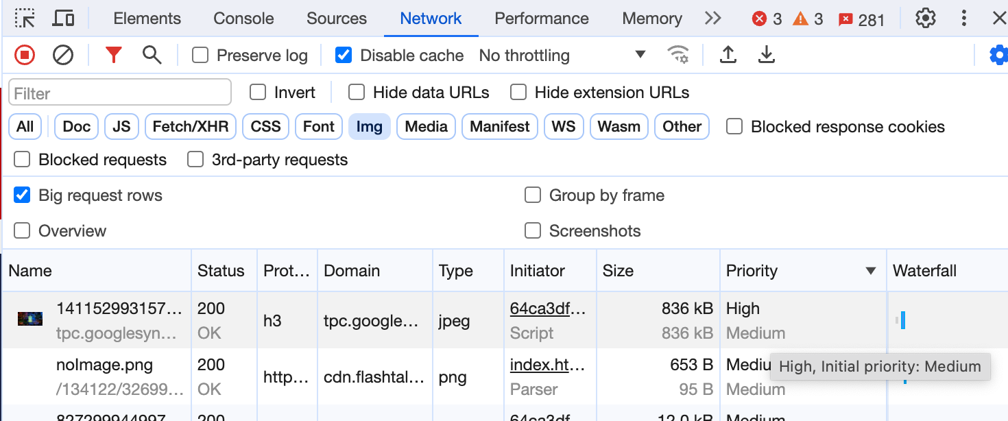 Onglet "Network" (Réseau) des outils pour les développeurs Chrome La case "Grandes lignes de requêtes" est cochée, et la colonne "Priorité" indique que la première image a une priorité élevée, et une autre priorité initiale de niveau moyen ci-dessous. La même information s'affiche dans l'info-bulle.