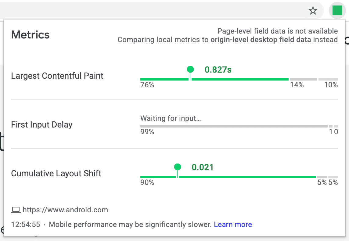 Screenshot ekstensi Web Vitals yang menampilkan data kolom desktop tingkat origin dengan 