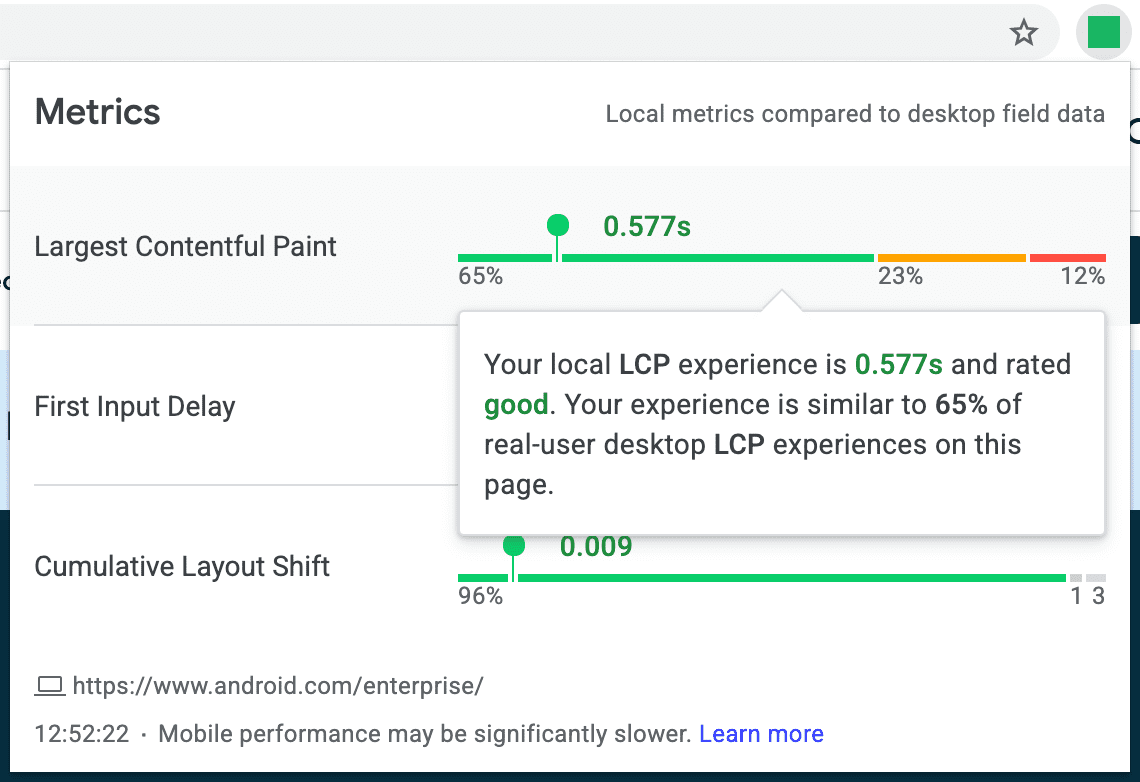 로컬 LCP 환경이 현장의 실제 사용자 데스크톱 데이터와 어떤 관련이 있는지 설명하는 웹 바이탈 확장 프로그램의 스크린샷