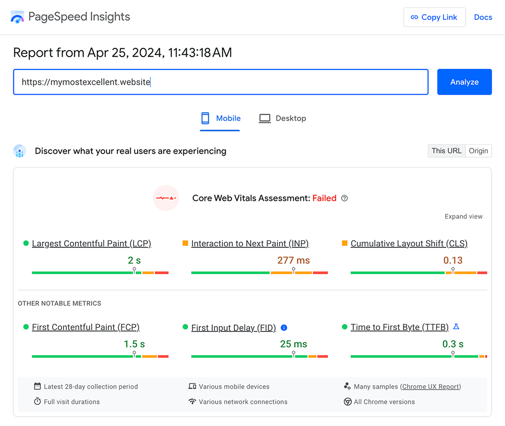 PageSpeed Insights의 CrUX에 표시된 필드 데이터로, Core Web Vitals의 세 가지 측정항목인 LCP, INP, CLS, 진단 측정항목인 TTFB, FCP, 지원 중단된 Core Web Vitals 측정항목인 FID를 보여줍니다.