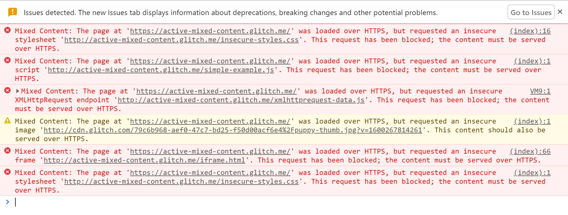 In den Chrome-Entwicklertools werden Warnungen angezeigt, wenn aktive gemischte Inhalte blockiert werden