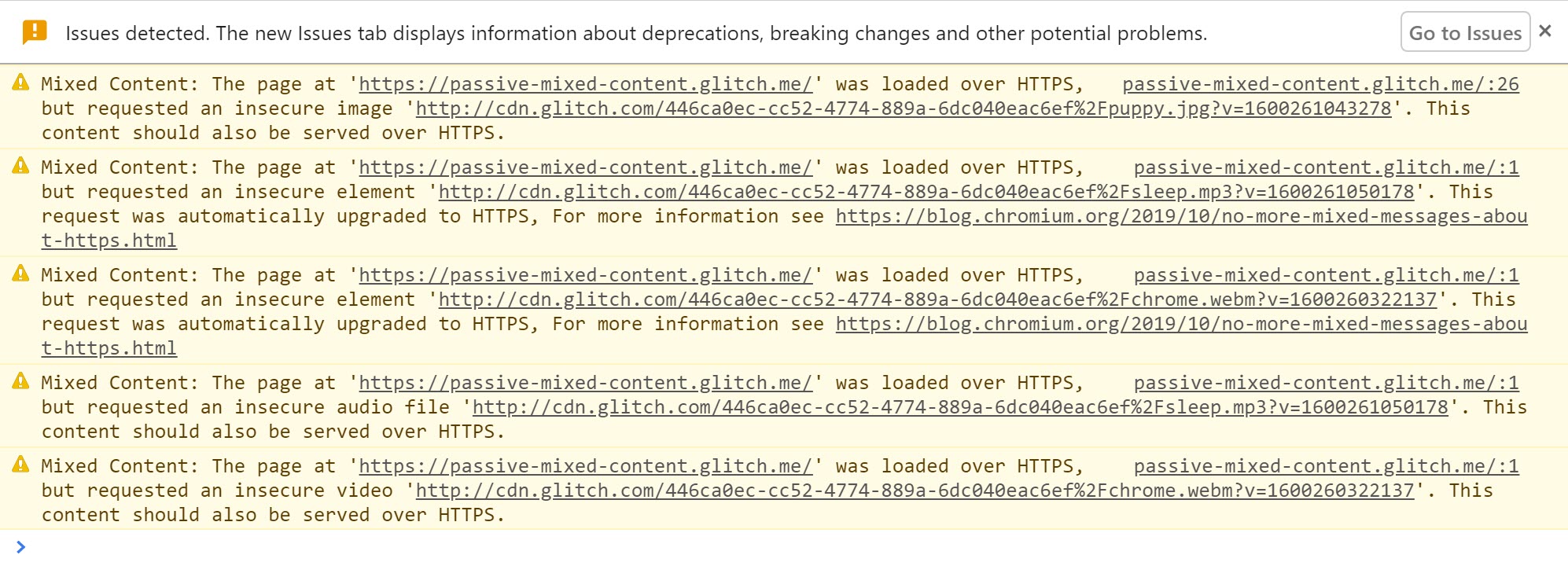 Chrome DevTools che mostra gli avvisi visualizzati quando vengono rilevati contenuti misti e viene eseguito l&#39;upgrade