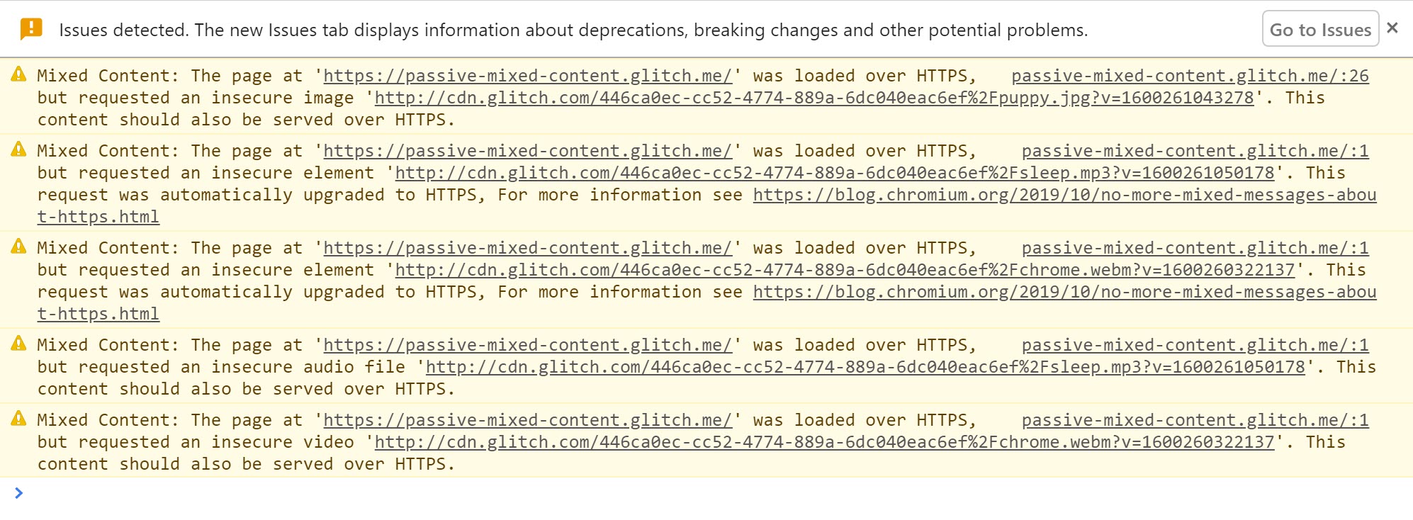 Chrome DevTools mostrando os avisos exibidos quando conteúdo misto é detectado e atualizado
