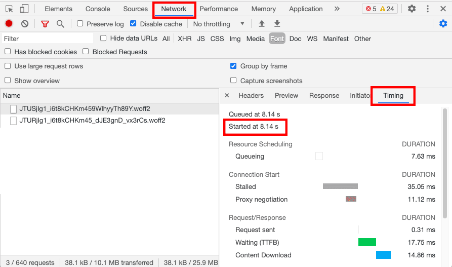 DevTools-এ টাইমিং ট্যাব।