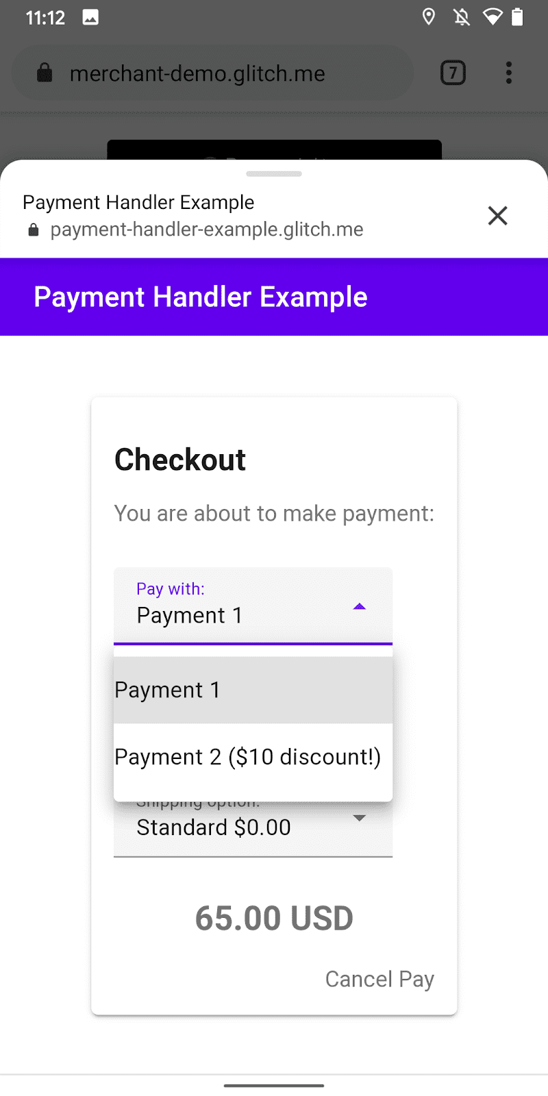 Interface utilisateur du sélecteur de mode de paiement