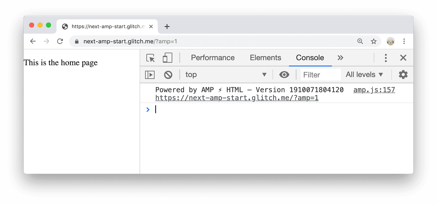 La página en vivo y un mensaje en la consola de Herramientas para desarrolladores de Chrome que indica que la página funciona con AMP.