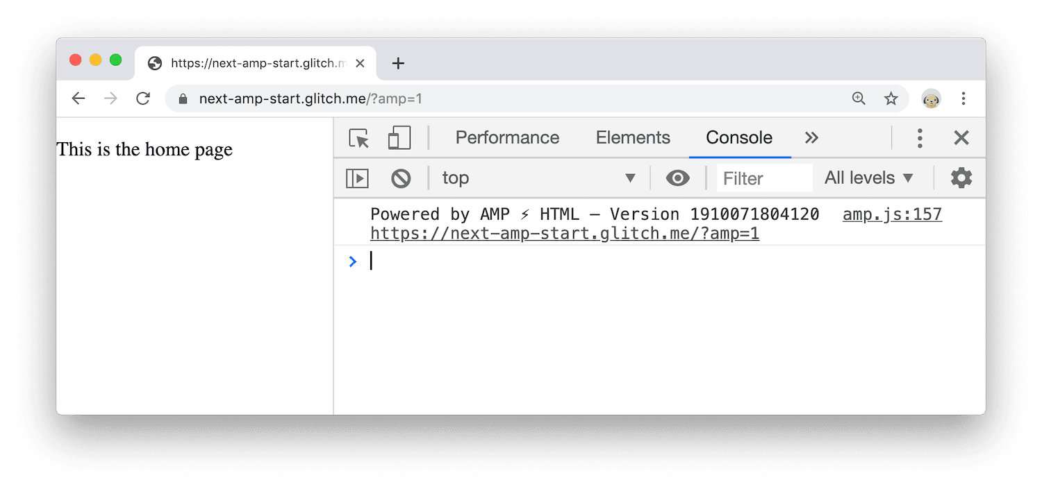 A página ativa e uma mensagem no Console do Chrome DevTools informando que a página usa a tecnologia AMP.