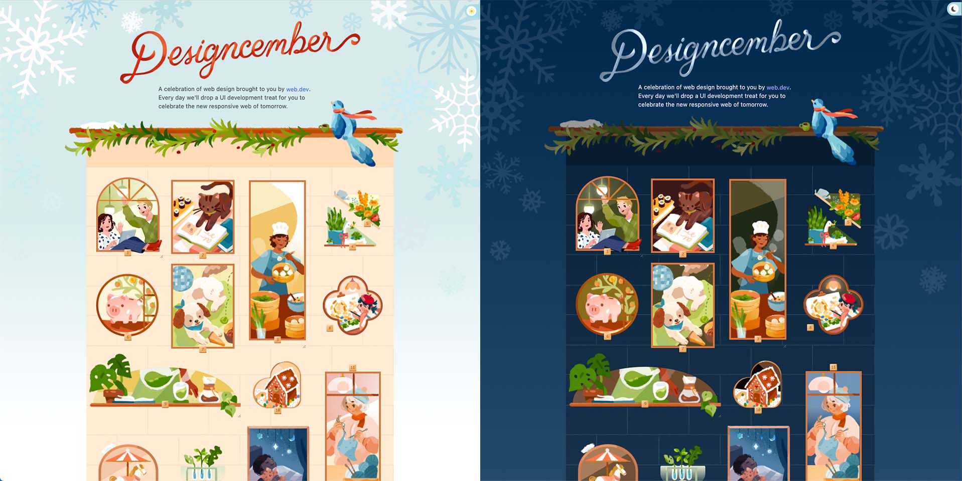 Designcember 网站的浅色模式和深色模式版本并排显示。